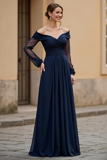 Off the Shoulder Chiffon A Line Navy Mother of the Bride Dress